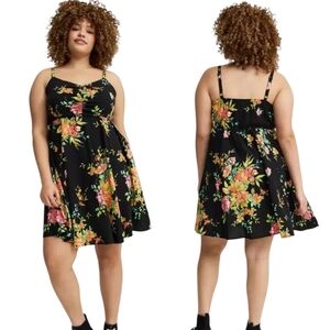 Torrid Mini Challis Skater Dress Deep Black Floral Flirty Resortwear Size 2/2X